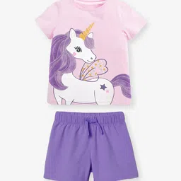 YK Girls Printed Round Neck Short Sleeves T-Shirt & Shorts-image-4