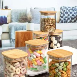 Goodhomes Transparent & Brown Glass Jar with Wooden Lid (0.23 L) - Set of 6-12