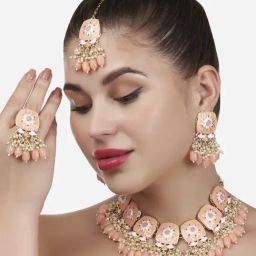 Zaveri Pearls Peach & Pink Meenakari Floral Necklace, Earring, Maangtikka & Ring Set-ZPFK13673-image-85