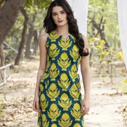 Mabish By Sonal Jain Blue & Yellow Cotton Regular Fit Printed Dress-picture-17