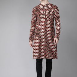 See Designs Men Maroon & Beige Geometric Block Print Cotton Sustainable Handloom Kurta-27