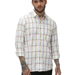 Mufti Off White Slim Fit Check Cotton Shirt-image-5
