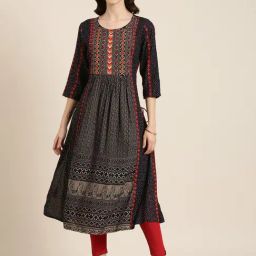 SHOWOFF Navy Cotton Printed Kurta-image-7