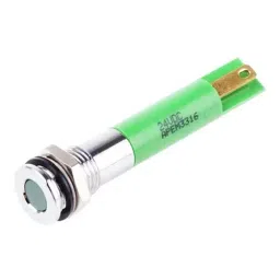 RS PRO Green Panel Mount Indicator 24V DC, Mounting Hole Size 8 mm, Termination Type Faston, Solder Lug, IP Rating IP67, Model No 8385586-19
