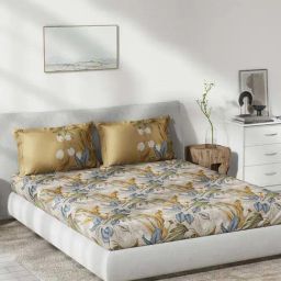 DDecor Beige & Blue Cotton 145 TC Queen Bedsheet with 2 Pillow Covers-picture-30