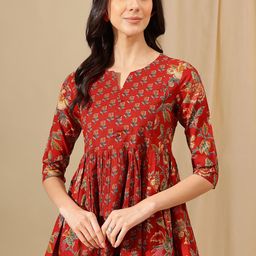 HERE&NOW Women Floral Printed Pleated Peplum Cotton Top-image-76