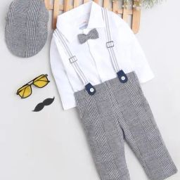 Bumzee Kids White & Dark Grey Checks Full Sleeves Shirt, Pants, Suspender with Cap-image-39
