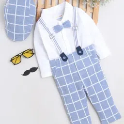 Bumzee Kids White & Sky Blue Checks Full Sleeves Shirt, Pants, Suspender with Cap-image-41