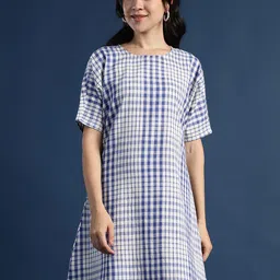 Taavi Checked Pure Cotton Round Neck Shift Dresses-image-58