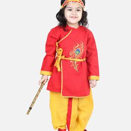 BownBee Janmastami Theme Full Sleeves Peacock Feather Embroidered Lace Detailing Kanhaiya Kurta & Dhoti Pants Set With Mukut - Red-image-72