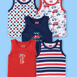Babyhug 100% Cotton Antibacterial Sleeveless Sando Vests Stripes & Car Print Pack of 5- Blue Red & White-image-18