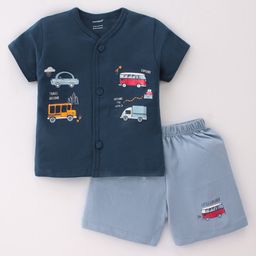 CUCUMBER Cotton Knit Half Sleeves Night Suit With Vehicles Print - Navy Blue-image-29