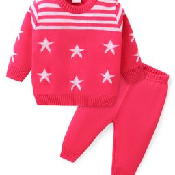 Babyhug Knitted Full Sleeves Sweater Set with Star & Striped Design - Dark Pink-image-64