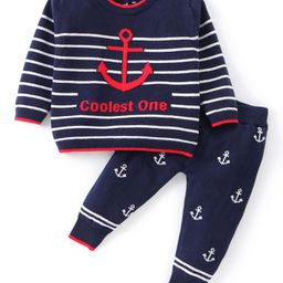 ToffyHouse Cotton Flatknitted T-Shirt & Lounge Pants Set With Nautical Design - Navy-image-1