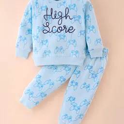 Smarty Boys 100% Cotton Knit Full Sleeves T-Shirt & Lounge Pants Set With Text Print - Aqua Blue-picture-5