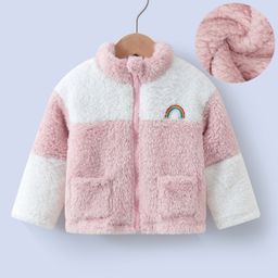 Kookie Kids Full Sleeves High Neck Fur Winter Jacket with Colour Block Design & Rainbow Embroidery - Pink-image-83