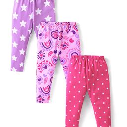 Babyhug Cotton Lycra Knit Full Length Star Hearts & Polka Dots Printed Leggings Pack of 3 - Purple Pink & Dark Pink-image-114