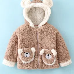 Kookie Kids Full Sleeves Hooded Winter Fur Jacket With Bear Applique - Tan-picture-21