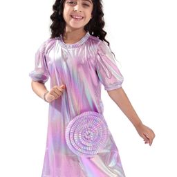 Hola Bonita Knit Half Puffed Sleeves Knee Length Solid Dress In Shimmer Fabric With Sling Bag - Lavender-image-46