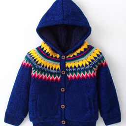 Yellow Apple Knit Full Sleeves Front Open Hooded Sweater Chevron Design - Royal Blue-image-35