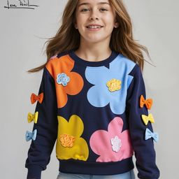 Arias Cotton Knit Full Sleeves Floral Printed Sweatshirt with Bow Applique - Navy Blue-image-1
