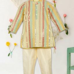 Saka Designs By Sapna Full Sleeves Sequins Embellished & Thread Work Detailed Kurta With Pyjama Set - Beige-image-23