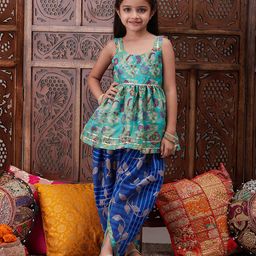 Pspeaches Georgette Sleeveless Floral Printed & Lace Embellished Kurta & Dhoti Set - Blue-picture-14