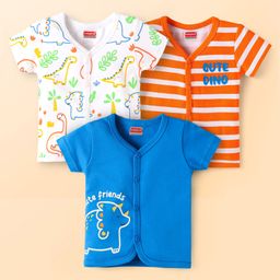 Babyhug 100% Cotton Interlock Knit Front Open Half Sleeves Vests With Striped & Dino Print - Blue Orange & White-image-76