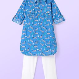 Babyhug Cambric Woven Full Sleeves Collar Neck Kurta Pyjama Set With Zebra Print - Blue-image-87