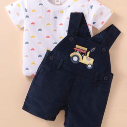 ToffyHouse Interlock Knit Half Sleeves T-Shirt & Dungaree with Vehicle Print & Embroidery - Navy Blue & White-image-3