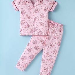 Doreme Single Jersey Knit Half Sleeves Night Suit With Grateful Print - Pink-picture-14