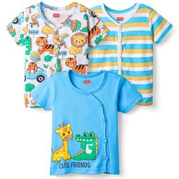 Babyhug 100% Cotton Knit Half Sleeves Antibacterial Striped & Animal Printed Front Open Vests Pack of 3 - Light Blue White & Yellow-image-76