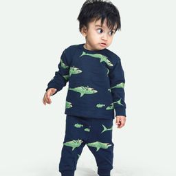 Ariel Pure Cotton Full Sleeves Sharks Printed Coordinating Tee & Joggers Set - Navy Blue-image-47
