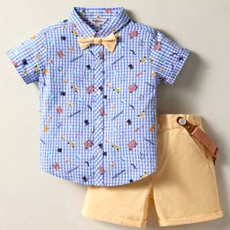 ToffyHouse Poplin Woven Half Sleeves Checks & Printed Shirt & Shorts With Bow & Suspender - Blue & Khaki-image-89