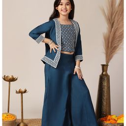 Fashion Dream Silk Woven Floral Embroidered Sequins Embellished Top & Palazzo With Three Fourth Sleeves Jacket Set - Blue-picture-47