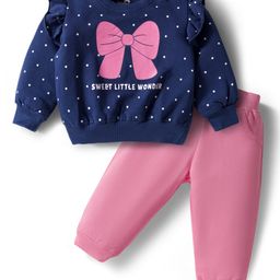 Doodle Poodle 100% Cotton Knit Full Sleeves Top & Joggers Set With Polka Dot & Bow Print - Navy Blue & Pink-picture-0