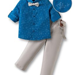 Mark & Mia Woven Full Sleeves Floral Printed Shirt & Trouser Set with Bow & Suspender - Royal Blue & Grey-picture-42