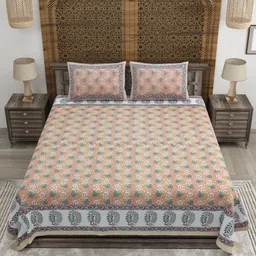 CLOTHOLOGY Peach-Coloured & Pink Floral 180 TC King Bedsheet with 2 Pillow Covers-7
