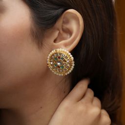 AARSEE OFFICIAL Anti-Tarnish22KT Gold Plated Navrattan Stud Earrings-45