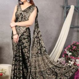 Satrani Black Floral Print Saree With Unstitched Blouse-image-24
