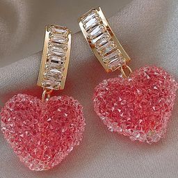 Vembley Women Korean Pink Love Heart Crystal Drop Earrings-image-48