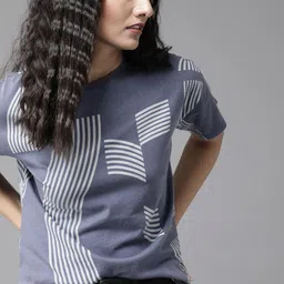 Roadster Women Blue  Grey Printed Round Neck Pure Cotton T-shirt-image-72