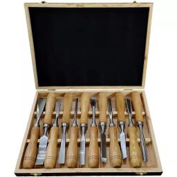 A.D INTERNATIONAL Chromium-Vanadium Steel Blade Chisel Set with Wooden Box for Wood Working, Carving, X4-S68A-UD16 (Set of 12)-2