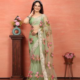 HERE&NOW Floral Embroidered Net Designer Saree-image-33
