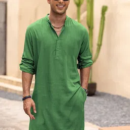 Anouk Green Band Collar Roll-Up Sleeve Straight Kurta-image-60