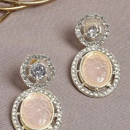 Oomph Peach Engraved Jaipur Stone American Diamond Indo Western Dangler Earrings-image-83