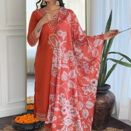 VAAZI CREATOR Floral Embroidered Thread Work V-Neck Straight Kurta With Trousers & Dupatta-image-61