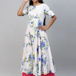 Poshak Hub White & Blue Cotton Printed Fit and Flare Kurta-picture-44