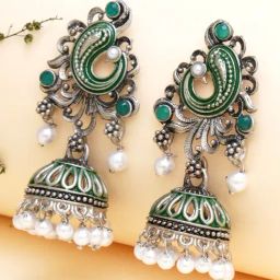 Karatcart Oxidized Green Stone with Meena Jhumki Earrings for Women-24
