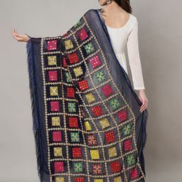 MUFFLY Checked Mirror Work Chiffon Phulkari Dupatta image 2